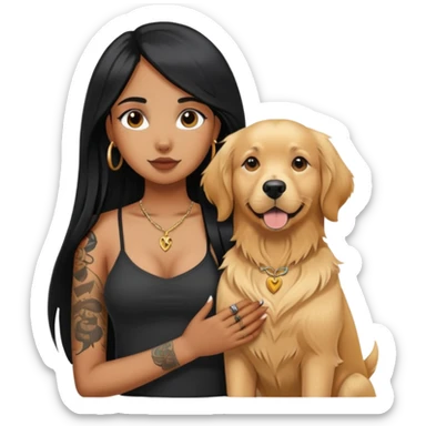 brown girl with long black  straight hair and chest tattoos and  a golden retriever sticker