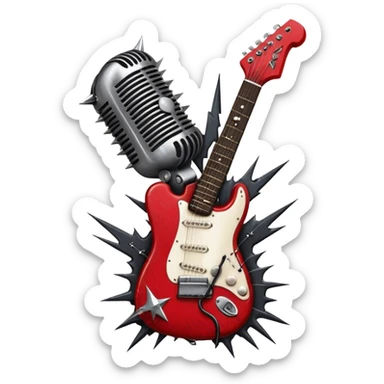 Create a powerful and dynamic humanless emoji representing rock vocals. The design should feature a classic vintage microphone with a rugged, distressed look, surrounded by elements like a guitar pick, electric guitar neck, and sound waves to reflect the raw energy of rock music. Add subtle details such as a spiked bracelet, leather textures, or bold lightning bolts to evoke the rebellious and intense spirit of rock. Use dark, edgy colors like black, red, silver, and metallic accents to emphasize the fierce, loud, and passionate nature of rock vocals. The background should be transparent. sticker