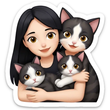 happy girl with black hair hugging three cats  (black calico cat, gray cat, brown calico cat) sticker