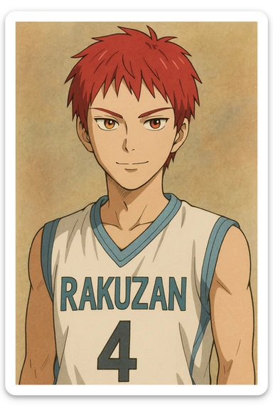Seijuro Akashi, red hair, heterochromia with one red eye and one yellow eye, wearing Rakuzan basketball uniform, confident expression, anime style portrait sticker