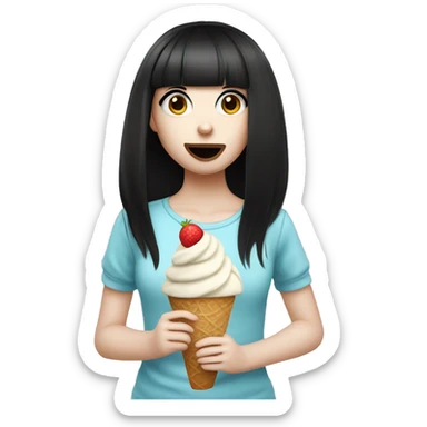 Portrait cute Girl pale skin with long black  bangs eating icecream  sticker