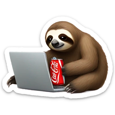 tired sloth with coca cola can and laptop sticker