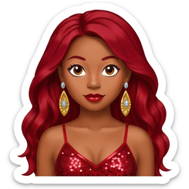 LaTavia Robeson with dark red long hair, red sequin crop top, red earring sticker