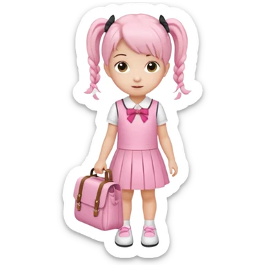 small girl wearing pink student uniform, white dress, white shoes and a bow on her pigtail hair, holding school bag sticker