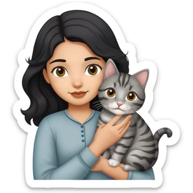 Indian girl with wavy hair holding grey tabby cat sticker