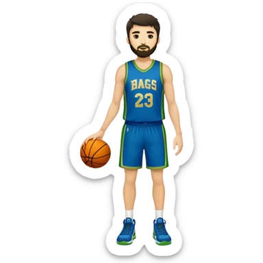 Full Body  white male basketball player with short shaggy dark hair and gold tee beard wearing blue and green uniform sticker
