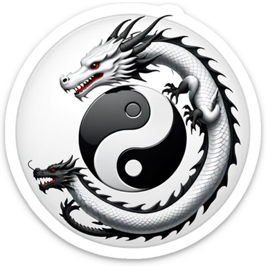 An icon symbolizing Eastern martial arts in the style of an emblem, featuring a black-and-white Yin-Yang symbol and a dragon at the center, surrounded by elements like a dojo. Transparent background highlights balance and power. sticker