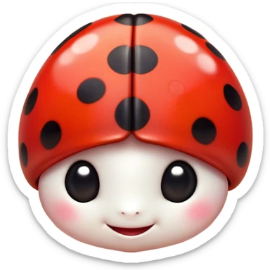 Cinematic Cute Ladybug Portrait Emoji, Head tilted playfully and inquisitively, featuring a diminutive, adorable form with a glossy red shell dotted with playful black spots and round, sparkling eyes full of gentle mischief, Simplified yet irresistibly adorable features, highly detailed, glowing with a warm, inviting glow, high shine, affectionate and lively, stylized with a touch of whimsical garden charm, soft glowing outline, capturing the essence of a mischievous ladybug that seems as if it could flutter out of the screen into your arms! sticker