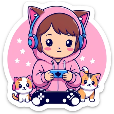 A brown-haired cartoon girl in a pink sparkly hoodie with headphones on, holding a game controller, surrounded by hearts, stars, and a puppy and kitten cuddling at her feet in anime style sticker