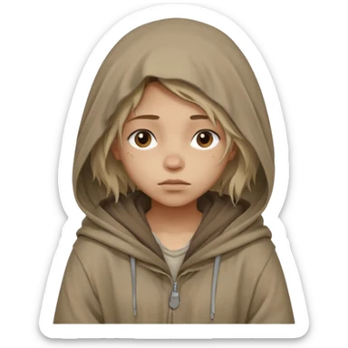Young beggar little girl character, chest-up portrait, wearing worn and oversized clothes, hair is visible, no hat or such, neutral earth-tone fabric, slightly messy hair peeking from under a hood, tired but gentle eyes, subtle dirt marks on face, sticker