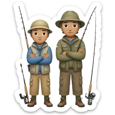 Father and son in fishing gear, arms crossed because they are cold full body sticker