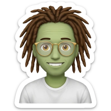 man with brown dreads white tee golden eyes light green skin glasses and white smile sticker