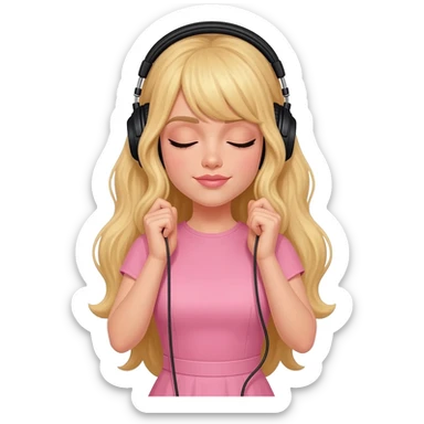 dior women with long blonde hair, pink dress wear a black headphones on head connect to pink iphone max pro and hold on headphones on head with hands on headphones with close eyes sticker