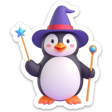 A penguin wizard with a wide-brimmed hat and a magic wand sticker