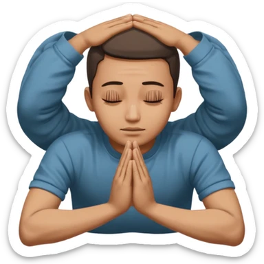 apple style emoji of a man lying face down on the ground with hands pressed together in a prayer-like gesture above his head, pose suggests deep submission, apology, or asking for forgiveness, with Thai text above the person sticker