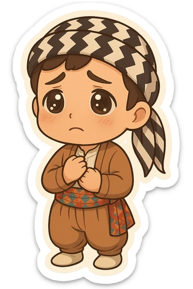 Create a chibi Kurdish cartoon sticker based on the reference image, showing a longing (missing someone) expression, with a transparent background. sticker