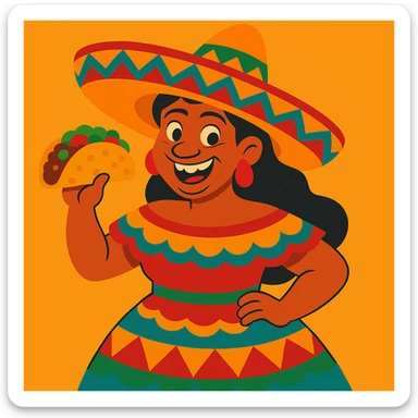 Make the Mexican woman appear more ugly by exaggerating unattractive features, while keeping the sombrero and taco, in vibrant toon style. sticker