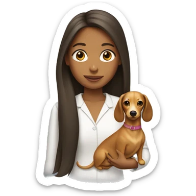 girl with long brunette hair holding a blonde wiener dog sticker