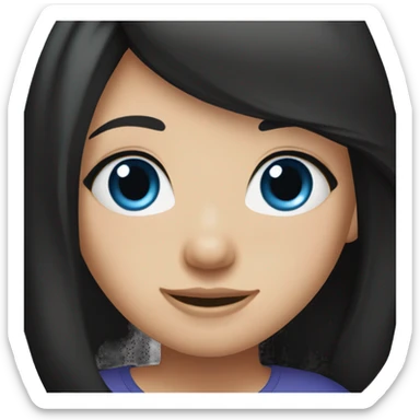 girl, long black hair, blue eyes, fair skin in a black T-shirt sticker