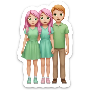 full-length happy couple, girl with long pink hair and green eyes in pastel dress, boy with light brown hair in casual shirt sticker