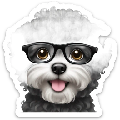 Black curly small dog with glasses sticker