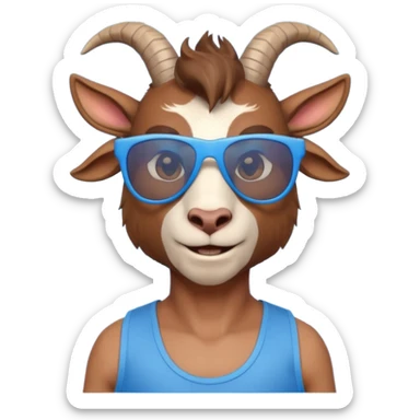3D cartoon goat man portrait, head and shoulders, brown fur, small horns, blue reflective sunglasses, slight smile, tank top, soft lighting, centered, clean background, no text, no watermark
 sticker