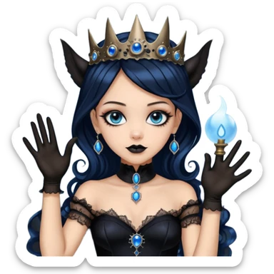 Slim fitting seductively dressed, Holed and worn Lavish black evening gown with see-through wispy black gloves, holding pose witchy Jenna Ortega as student Addams woman wearing a steampunk style mini tiara, very large blue evil-looking horned old evil eyes  sticker