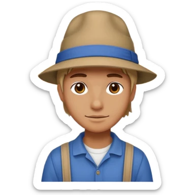 grown  2D line-drawn character + small bright shop sticker