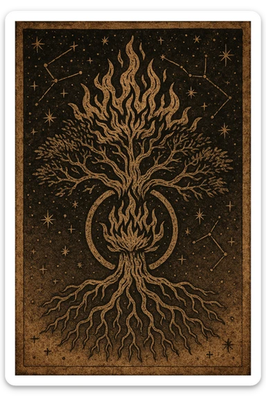 proto gothic ancient star constellation image of a flaming world tree with roots reaching down sticker