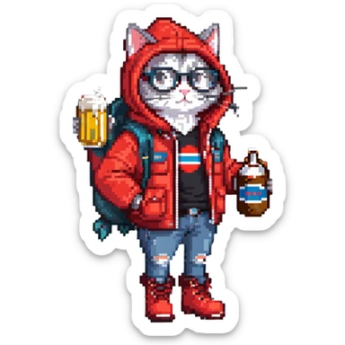 Catfish in red winter jacket with hood, round glasses, blue jeans, red boots, holding a beer can with red label, retro game style sticker
