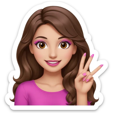girl with long wavy brown hair, brown eyes, long lashes makeup, sexy pink lips, light to medium complexion, pink sexy top, smiling, hand by the cheek snapping fingers sticker