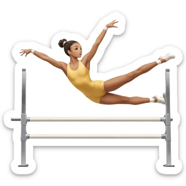 Professional gymnast performing a dynamic routine on parallel bars, captured mid-air in an elegant flip. The background features a well-lit gymnastics arena with a cheering audience. The athlete's posture and expression convey strength, control, and perfect coordination. sticker