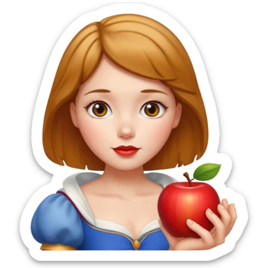 Create an emoji of Snow White holding a red apple, with short golden-brown hair. sticker