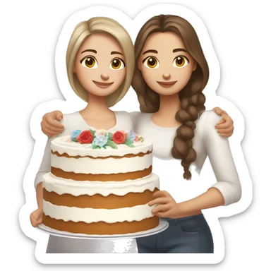 Russian girl with wavy hair and Russian girl with brown straight hair together holding big white cake sticker