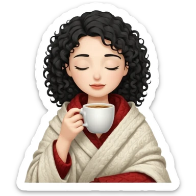 Gözleri kapalı, beyaz tenli ve kıvırcık siyah saçlı saç boyu orta omuzlarında bir kadın avatar, battaniyeye sarılmış halde beyaz bir Türk kahvesi fincanından içeceğini huzurla yudumluyor. sticker