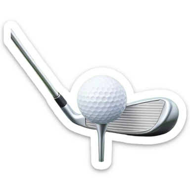 A golf ball on a tee, with a golf club placed beside it on the lush green fairway. The background shows a serene golf course with neatly trimmed grass and a clear blue sky, emphasizing the elegance and precision of the game. sticker