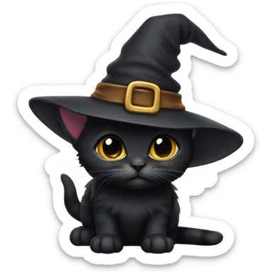 Small black kitten wearing a witch hat sticker