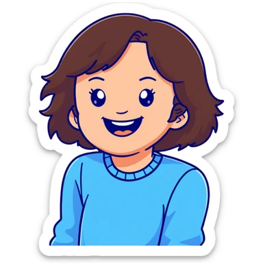 brunette girl with brown hair wearing pastel blue clothes laughing joyfully sticker