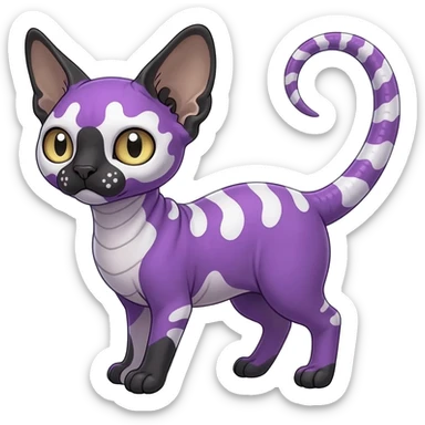 Fluffy, Purple, white, black, Minccino-Sphynx-Lykoi-Linoone-Zangoose-fusion-hybrid-animal-Fakémon-creature, full body, thin long sleek scaly tail, intricate markings sticker