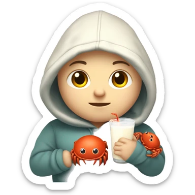 chubby, light hair, short hair, combover, hoodie, holding crab mascot from rust programming language. And a sweet milk in the other hand sticker