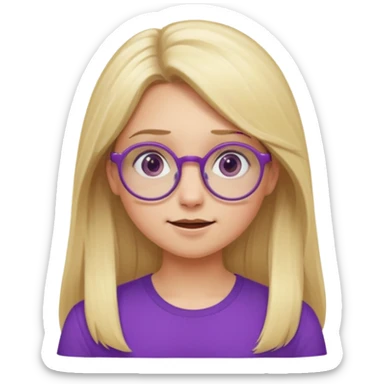 una chica rubia con el pelo largo, gafas redondas, vestida con un top morado, y con diferentes expresiones sticker