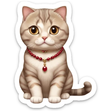 Scottish Fold cat on beige marble table, facing camera, wearing crimson bead necklace. Background has striped wallpaper, TV, and damask drapery. sticker