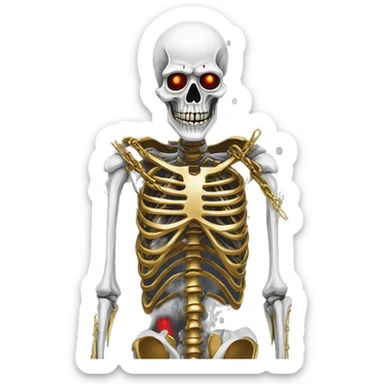 White skeleton zombie person covered in golden chains and black graffiti scribbles and red and silver doodles snowing snowflakes sticker