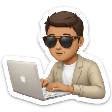 man in sunglasses typing on a laptop with a coffee cup beside him sticker