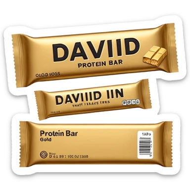 protein bar gold wrapper that says David on it in black font with a small brown box on it  sticker