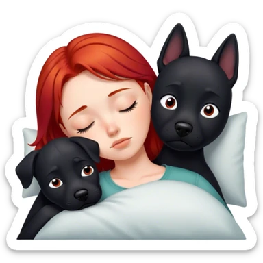 Red hair girl falling asleep with a black dog sticker