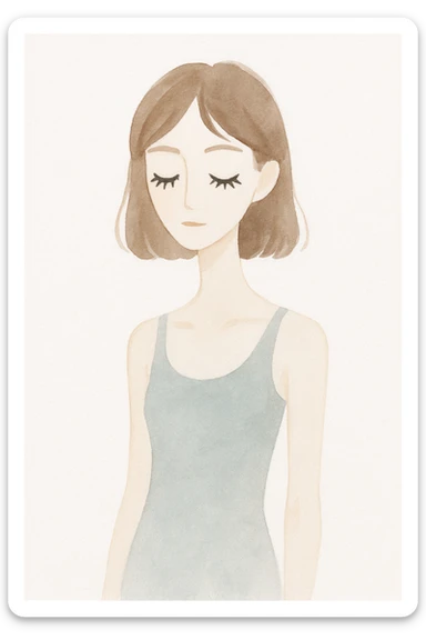 skinny girl with brown hair, pale skin, big lashes, soft watercolor style sticker