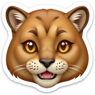 Cinematic Comical Cougar Portrait Emoji, Head tilted dramatically with an exaggeratedly amused expression, featuring a striking tawny Fur with bold dark accents and wide, expressive amber eyes filled with playful disbelief, Simplified yet hilariously expressive features, highly detailed, glowing with a slightly sassy glow, high shine, dramatic yet playful, stylized with an air of cheeky wilderness mischief, bright and endearing, soft glowing outline, capturing the essence of a spirited and over-the-top cougar, so meme-worthy it feels like it could pounce its way into internet fame instantly! sticker