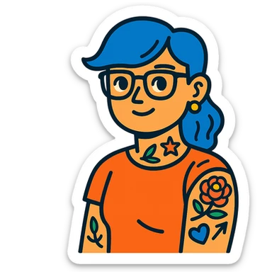 character with blue hair, glasses, and tattoos sticker