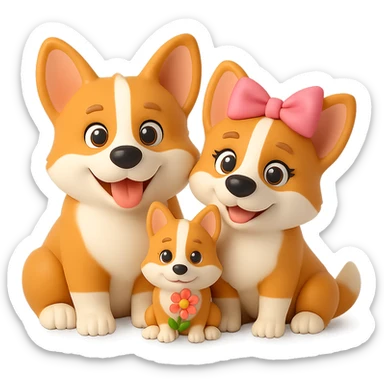 Remove the background and make it transparent while preserving the 3D emoji style of the corgi family. The style is similar to Microsoft style 3D fluent emojis, focusing on maintaining the 3D look and feel. sticker